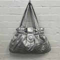silver chrome metallic faux leather oversized handbag with chunky button detail