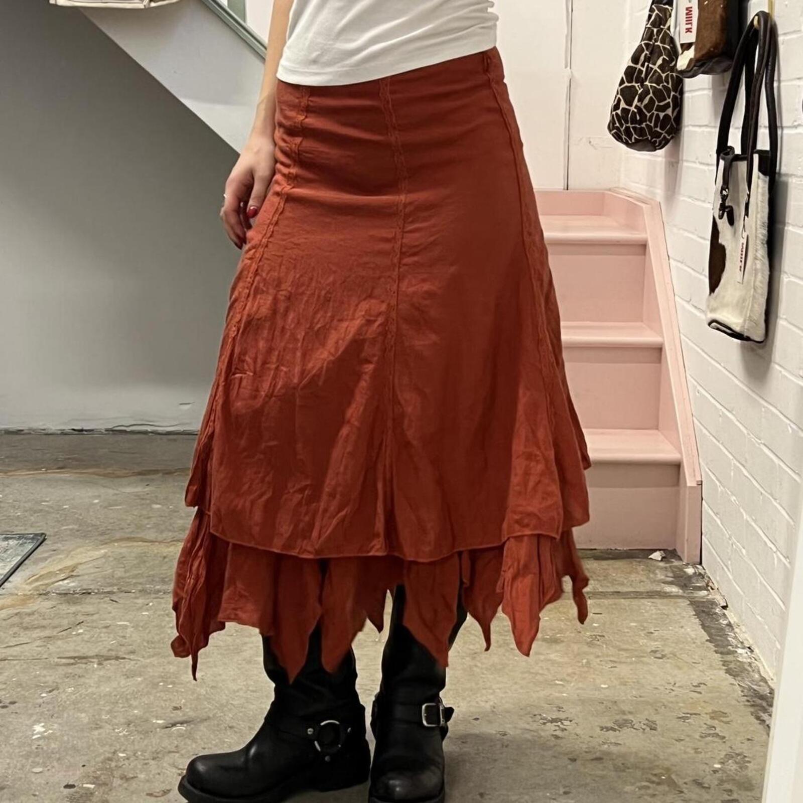 Burnt orange layered vintage asymmetrical fairycore maxi skirt