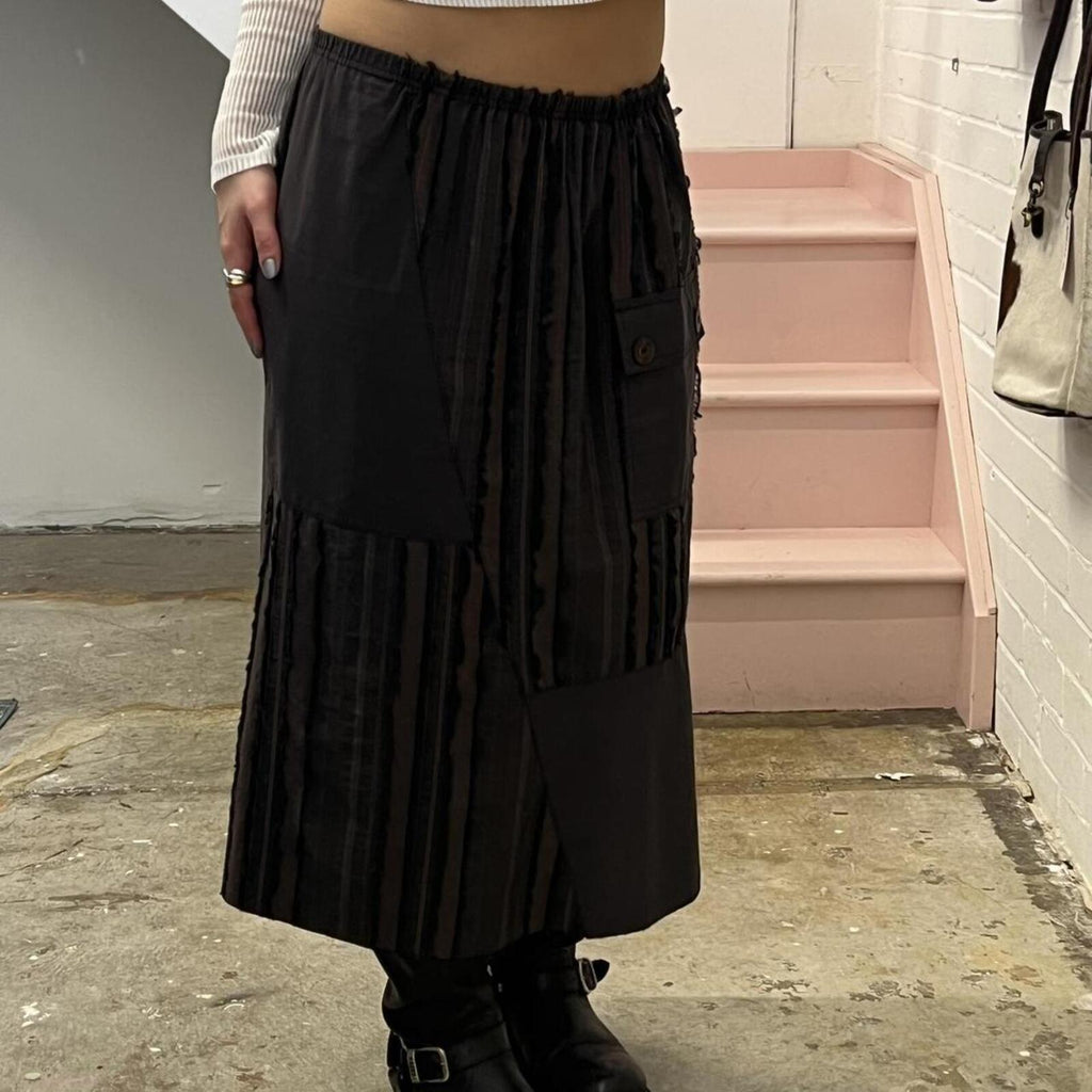 brown utility style striped vintage midi skirt with button detail