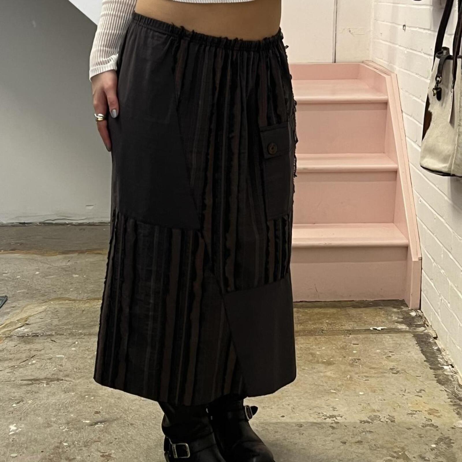 brown utility style striped vintage midi skirt with button detail