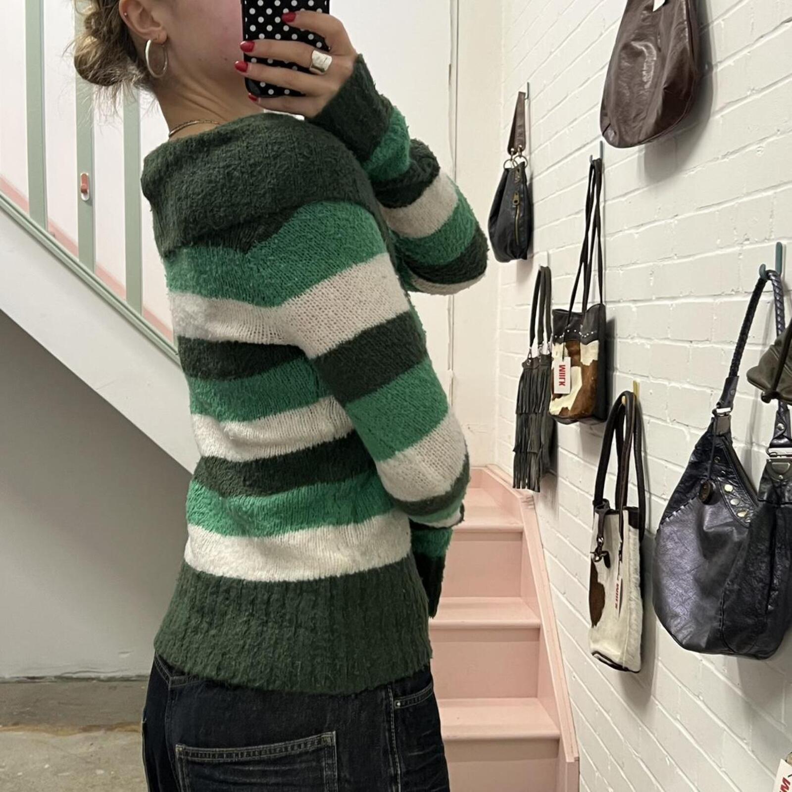 green and white off shoulder vintage striped sweater