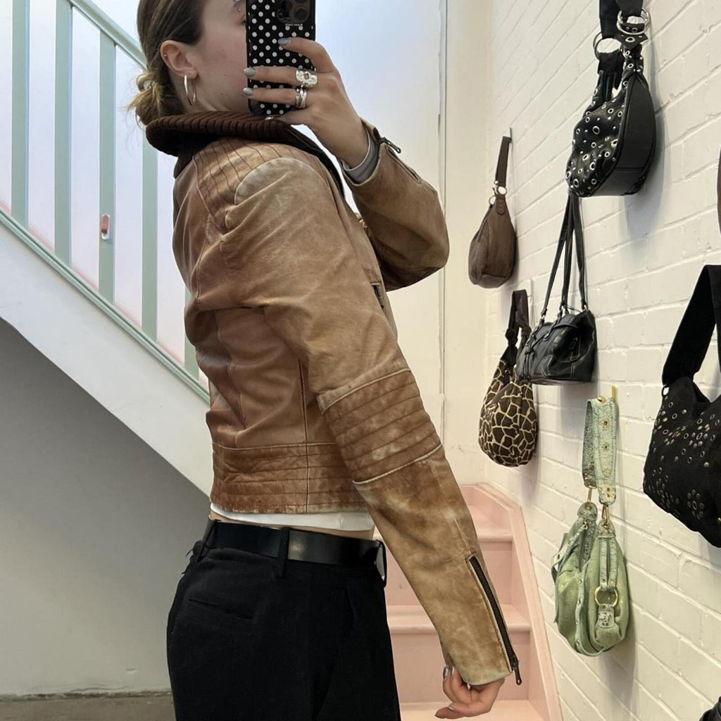 light brown washed leather zip up vintage jacket