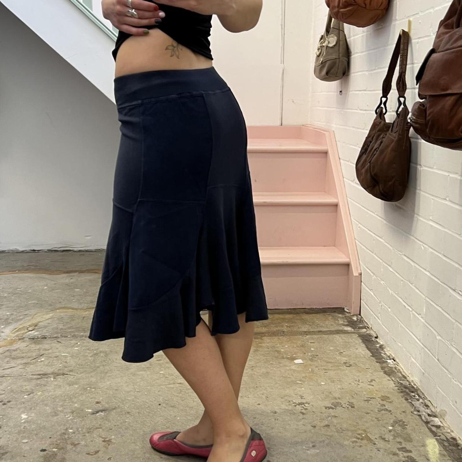 Navy patchwork low rise sporty floaty vintage midi skirt