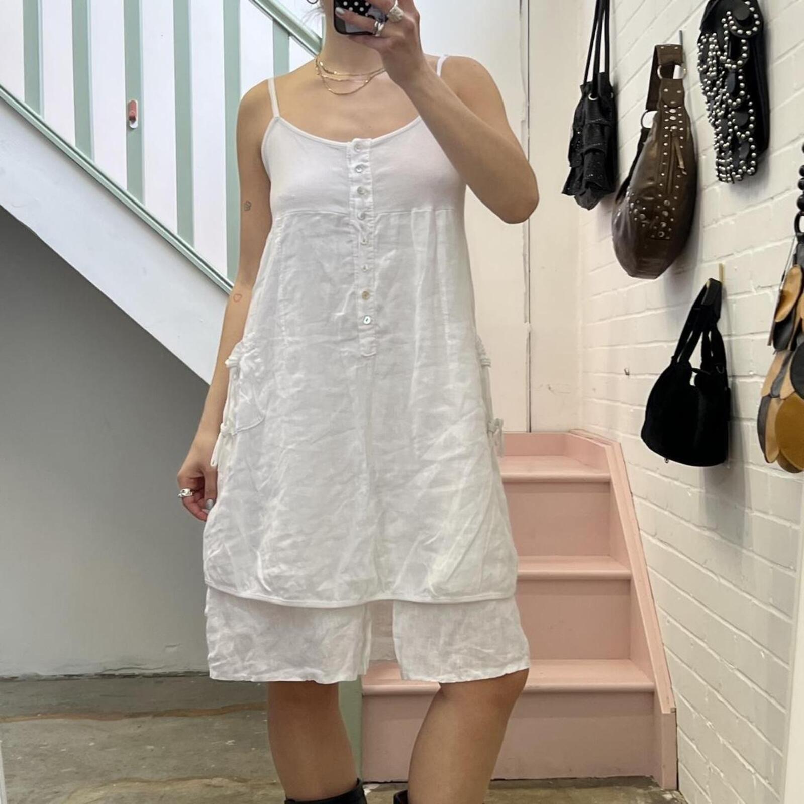 Italian vintage white linen bubble layered utility style midi dress