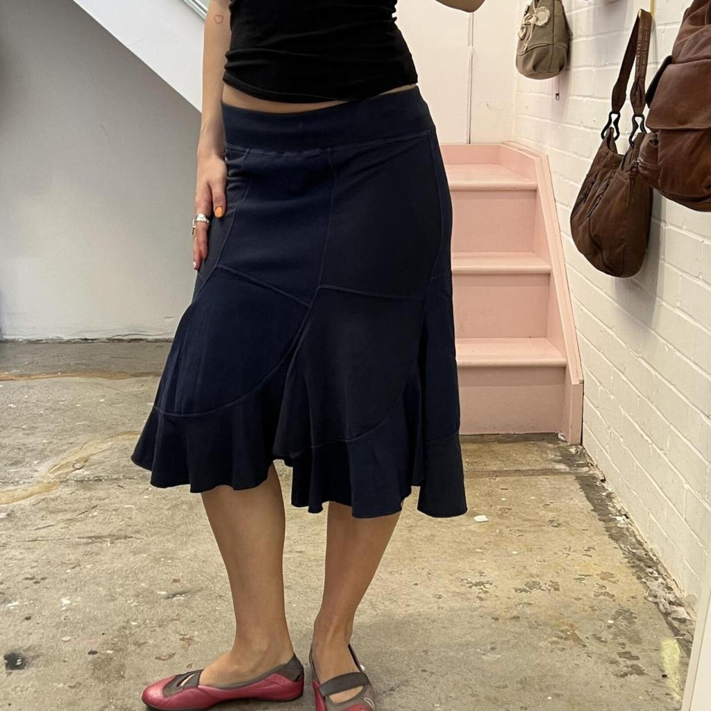 Navy patchwork low rise sporty floaty vintage midi skirt