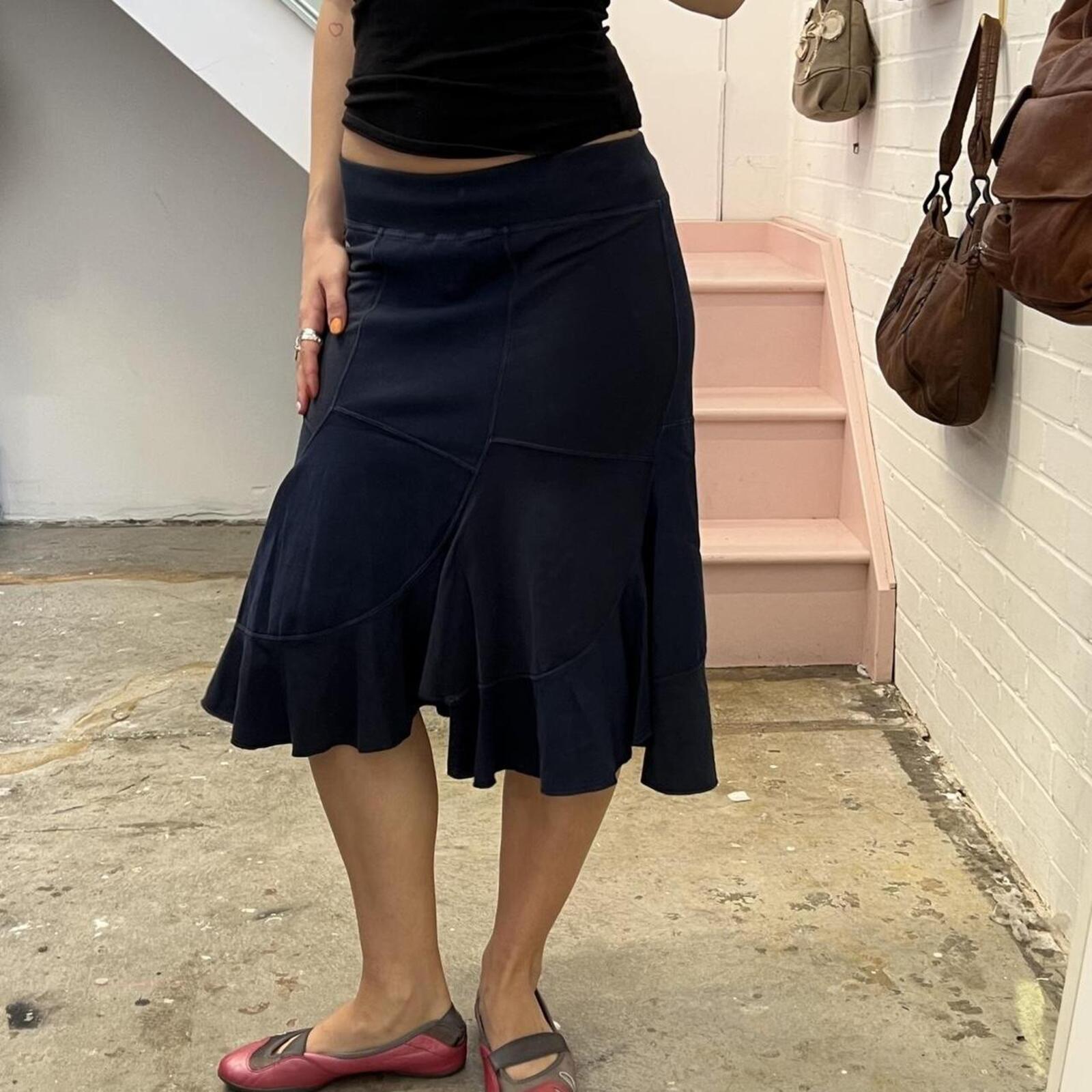 Navy patchwork low rise sporty floaty vintage midi skirt