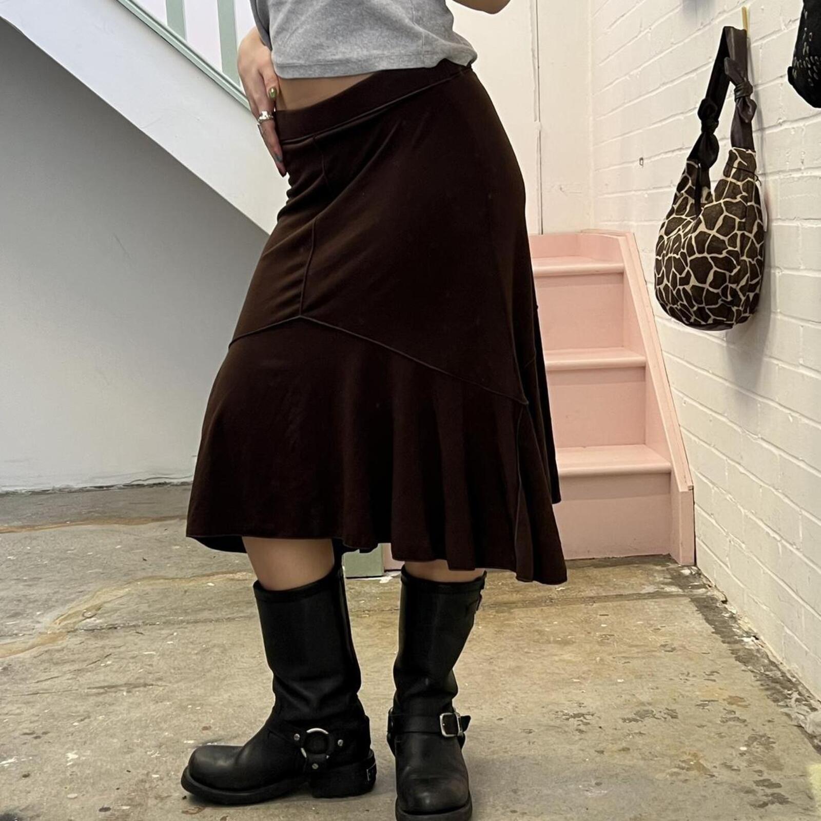 brown asymmetrical slinky floaty vintage midi skirt