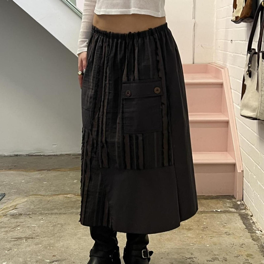 brown utility style striped vintage midi skirt with button detail