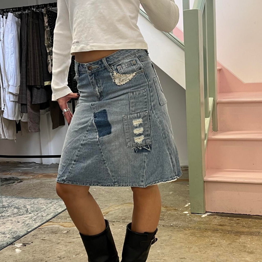 Light wash denim patchwork midi skirt