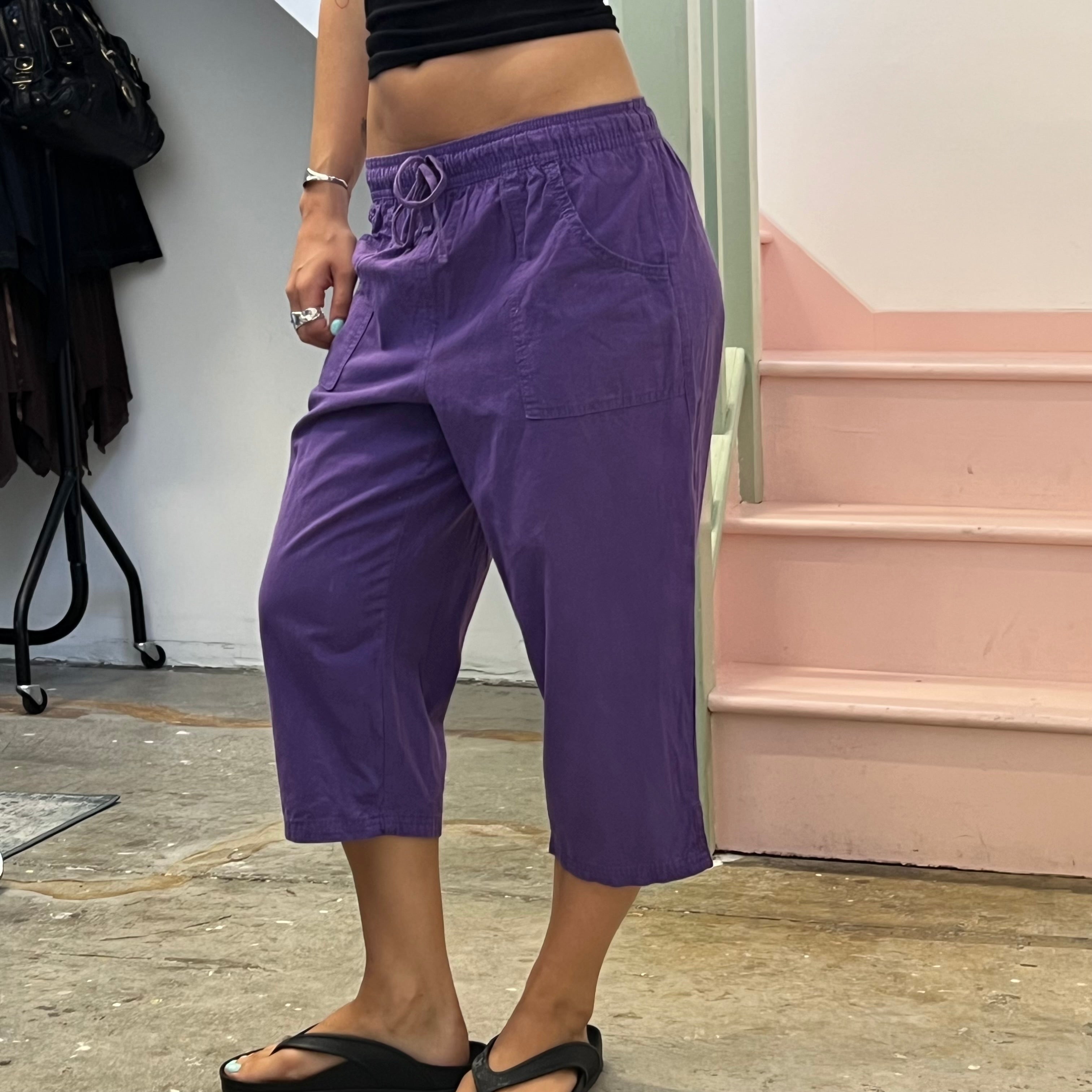 Purple cotton tie waist capris