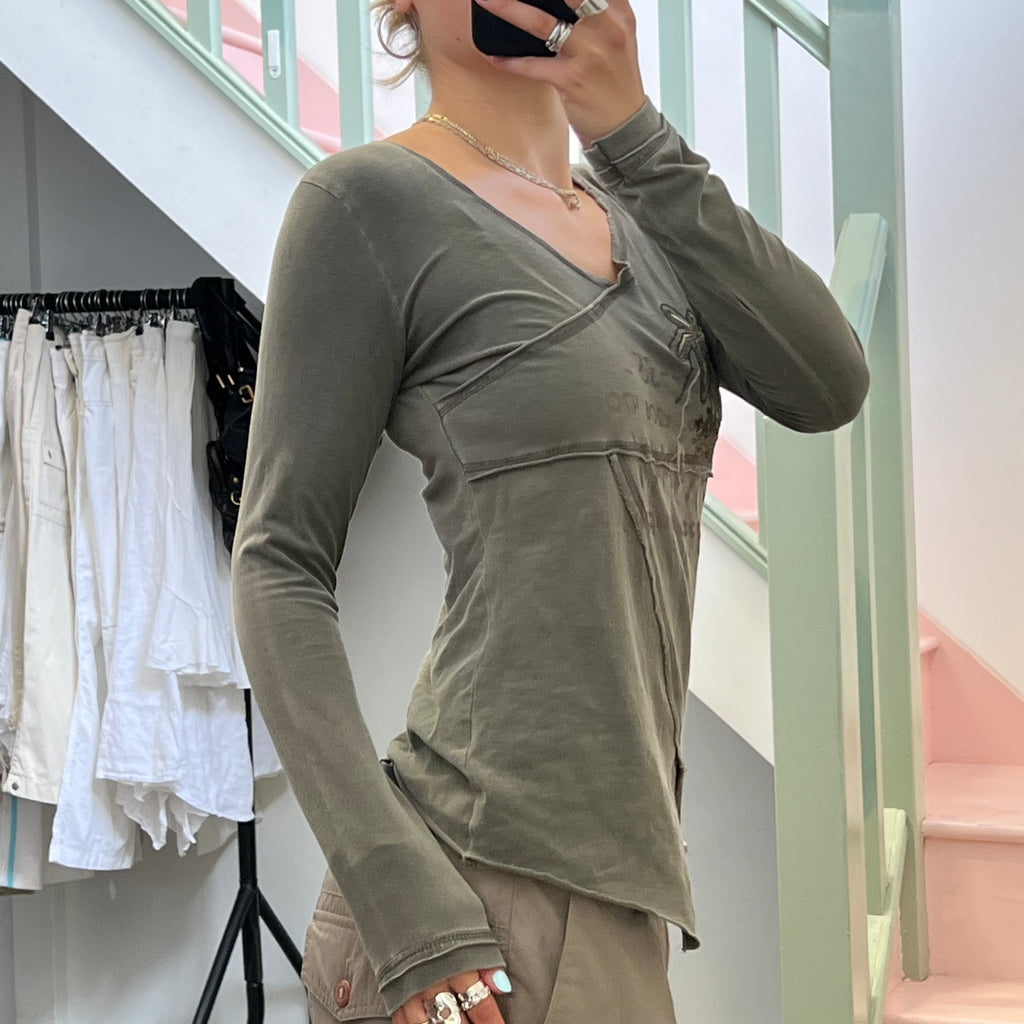 Khaki embroidered asymmetrical long sleeve top