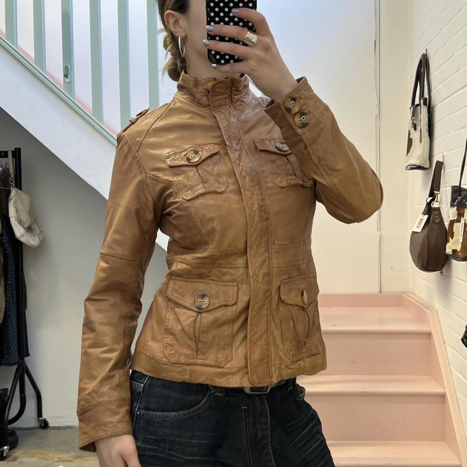 brown tan real leather fitted vintage utility style high neck jacket
