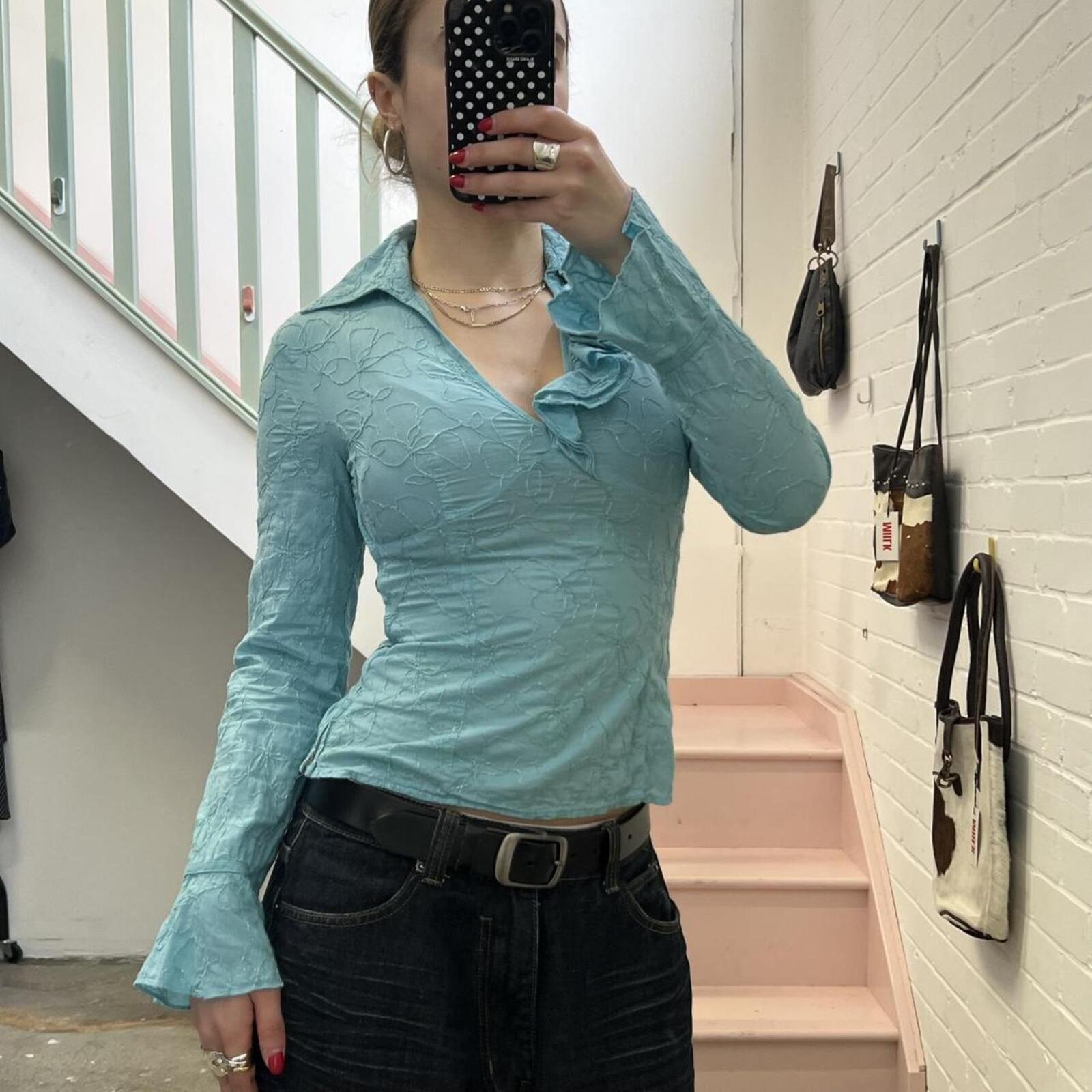 Turquoise blue fitted vintage embroidered shirt with ruffle detail