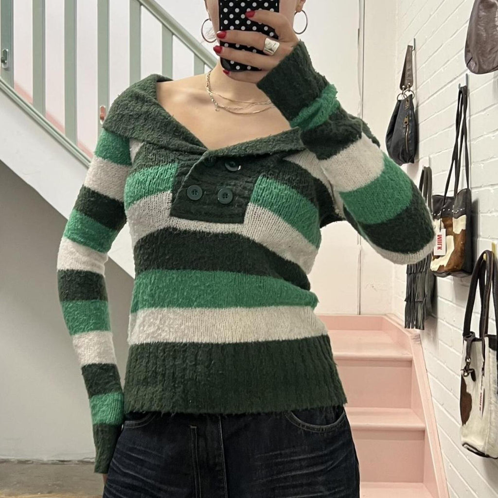 green and white off shoulder vintage striped sweater