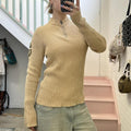 cream knitted high neck 1/4 zip ribbed vintage sweater with number print on sleeve