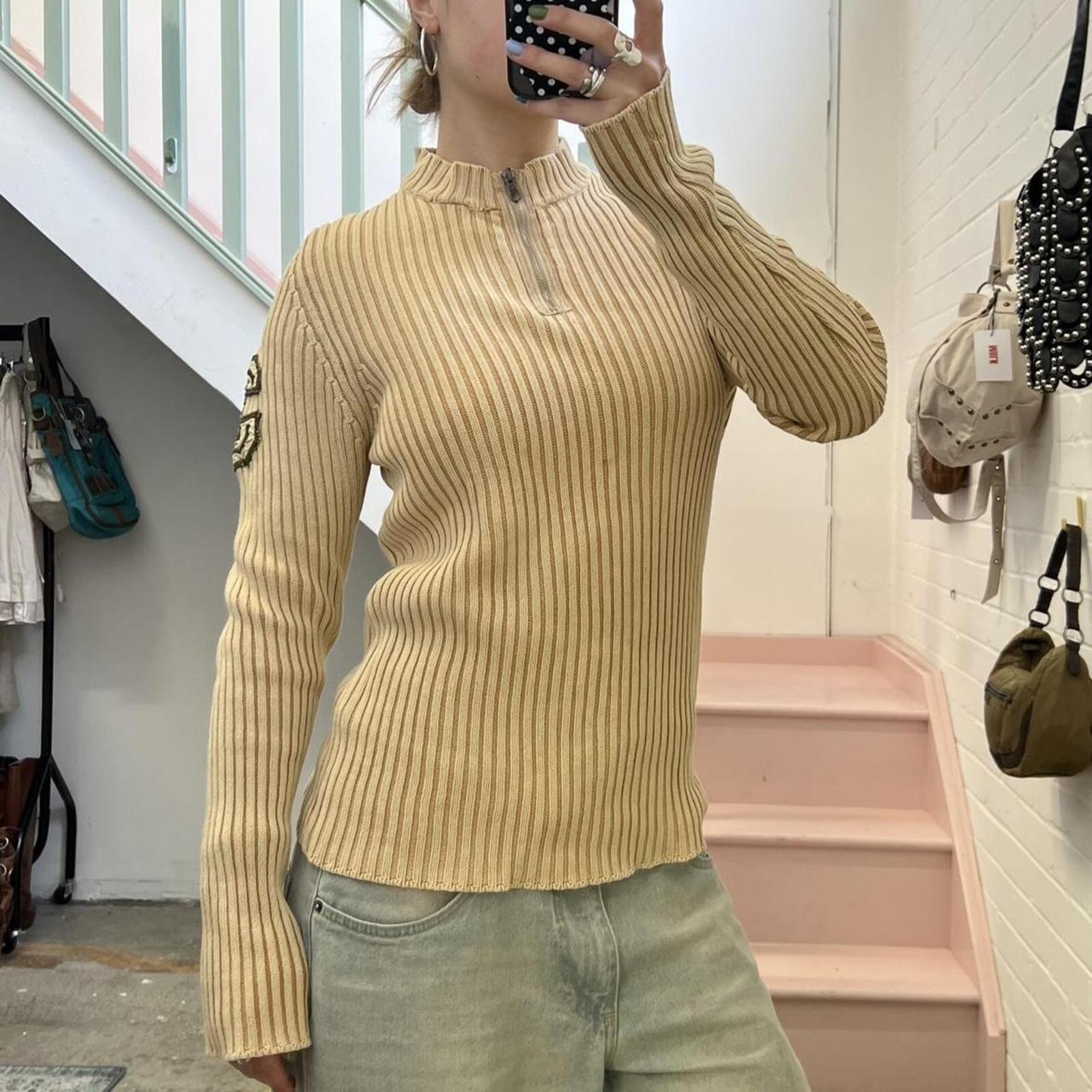 cream knitted high neck 1/4 zip ribbed vintage sweater with number print on sleeve