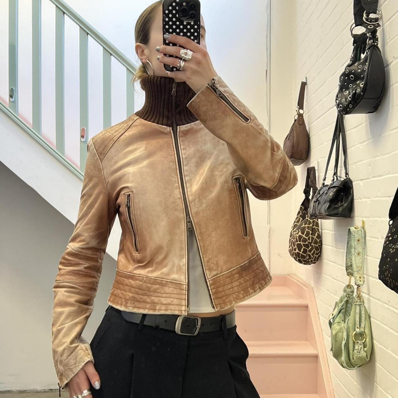 light brown washed leather zip up vintage jacket