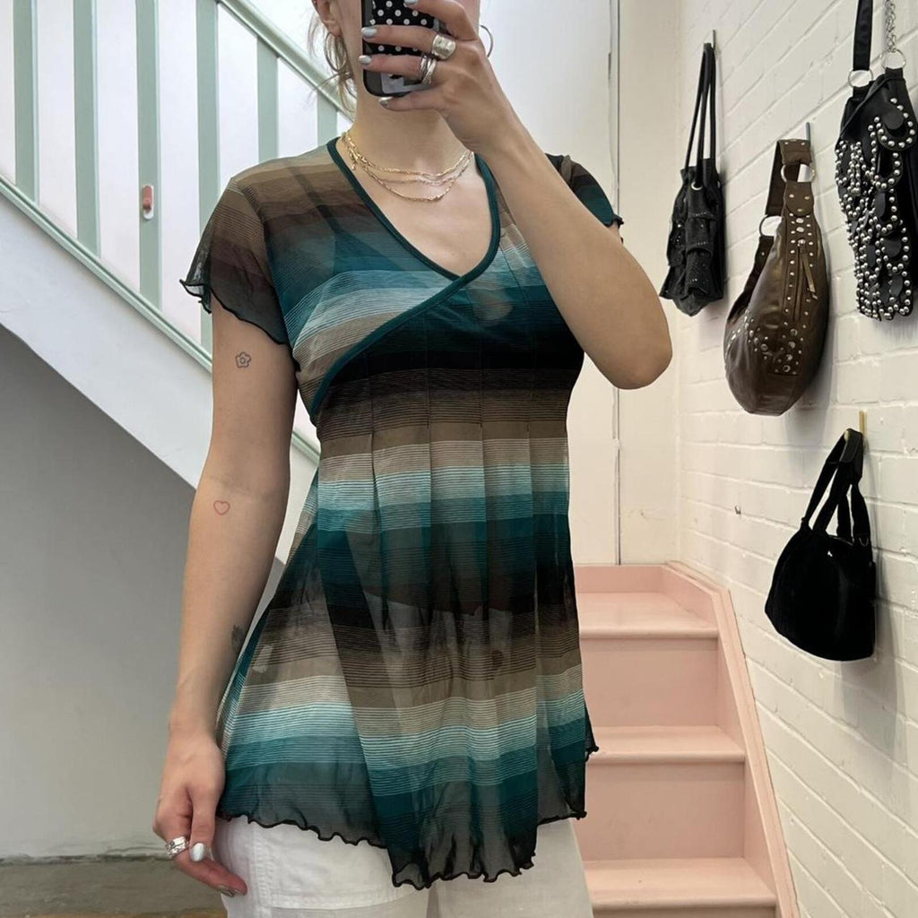 black white and teal striped mesh longline top with tie waist