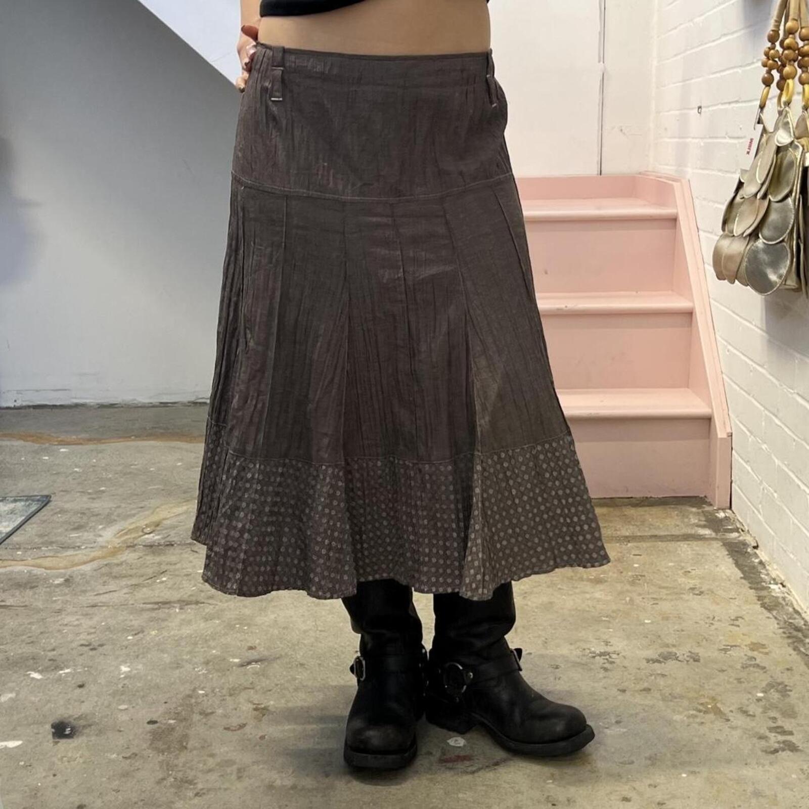 Brown crinkle vintage utility style maxi skirt
