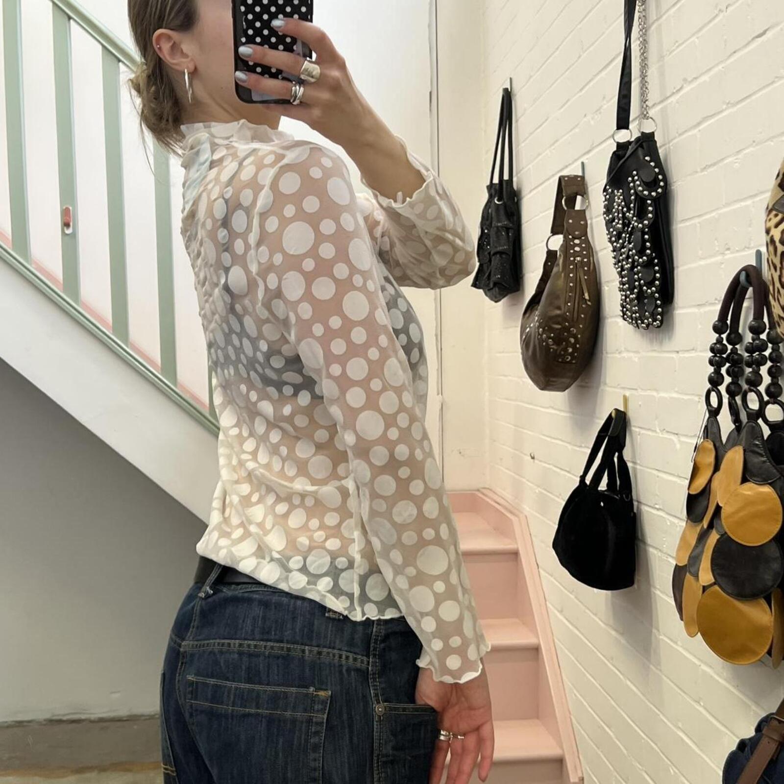 white polka dot mesh high neck top