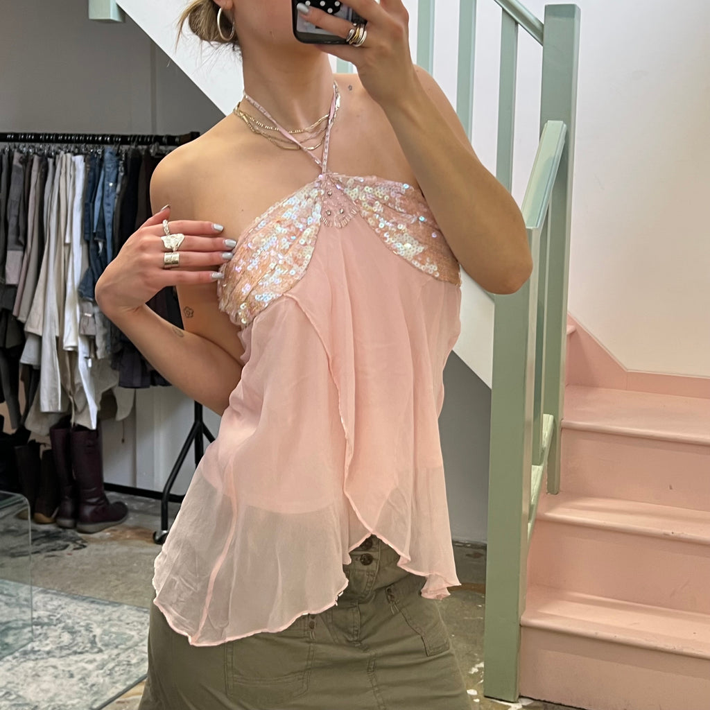 Baby pink sequin floaty halter vest