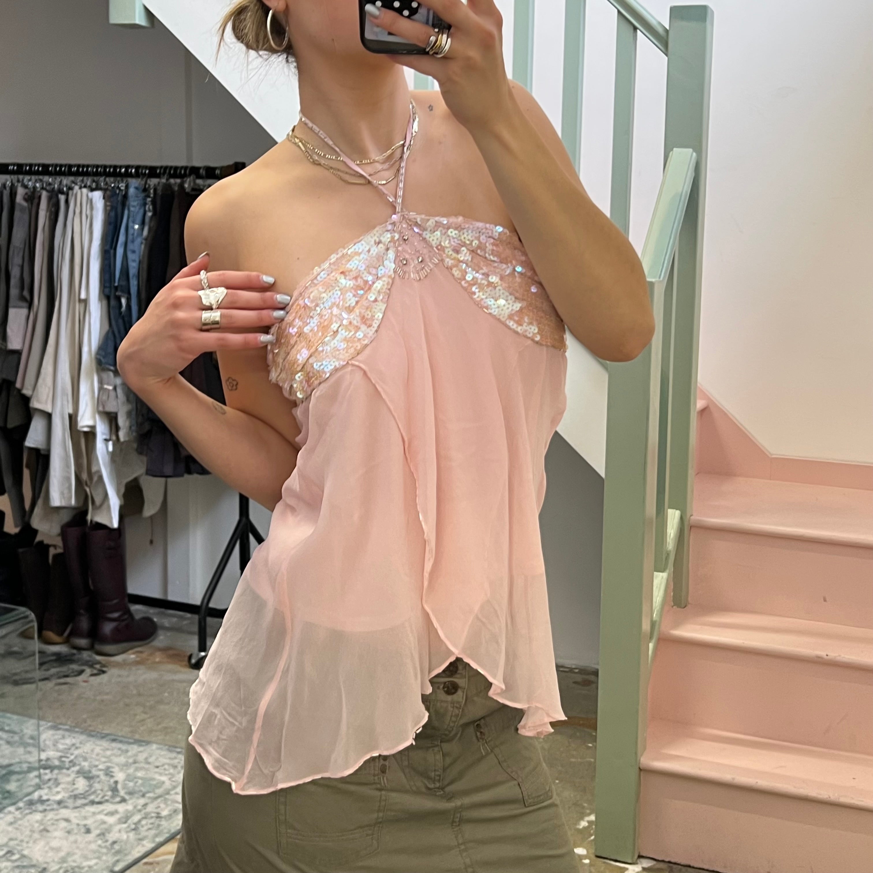 Baby pink sequin floaty halter vest