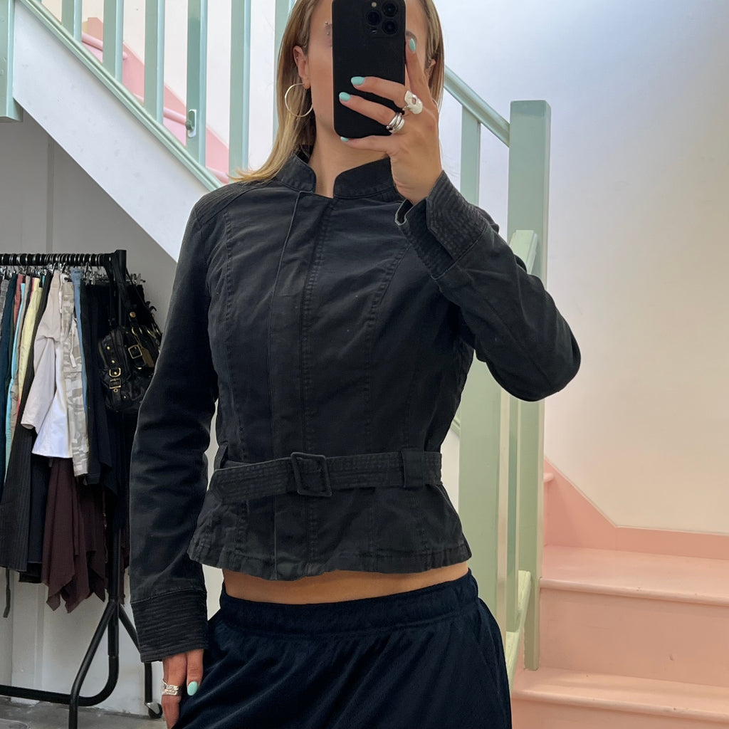 Black fitted belted cotton jacket