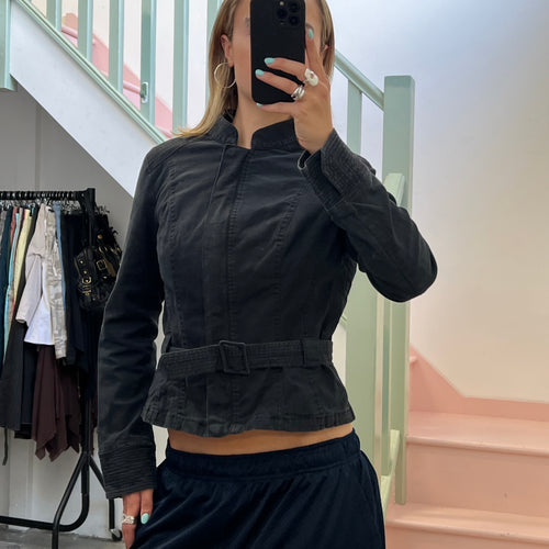 Black fitted belted cotton jacket