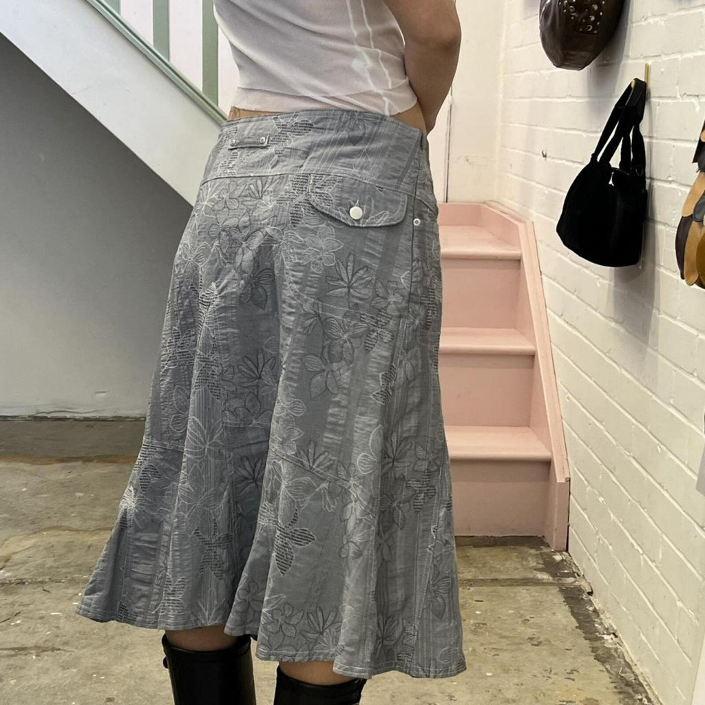 grey checkered floral vintage utility style maxi