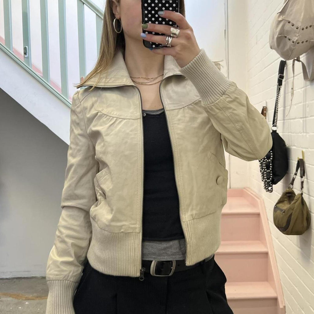 cream suede leather fitted vintage bomber jacket