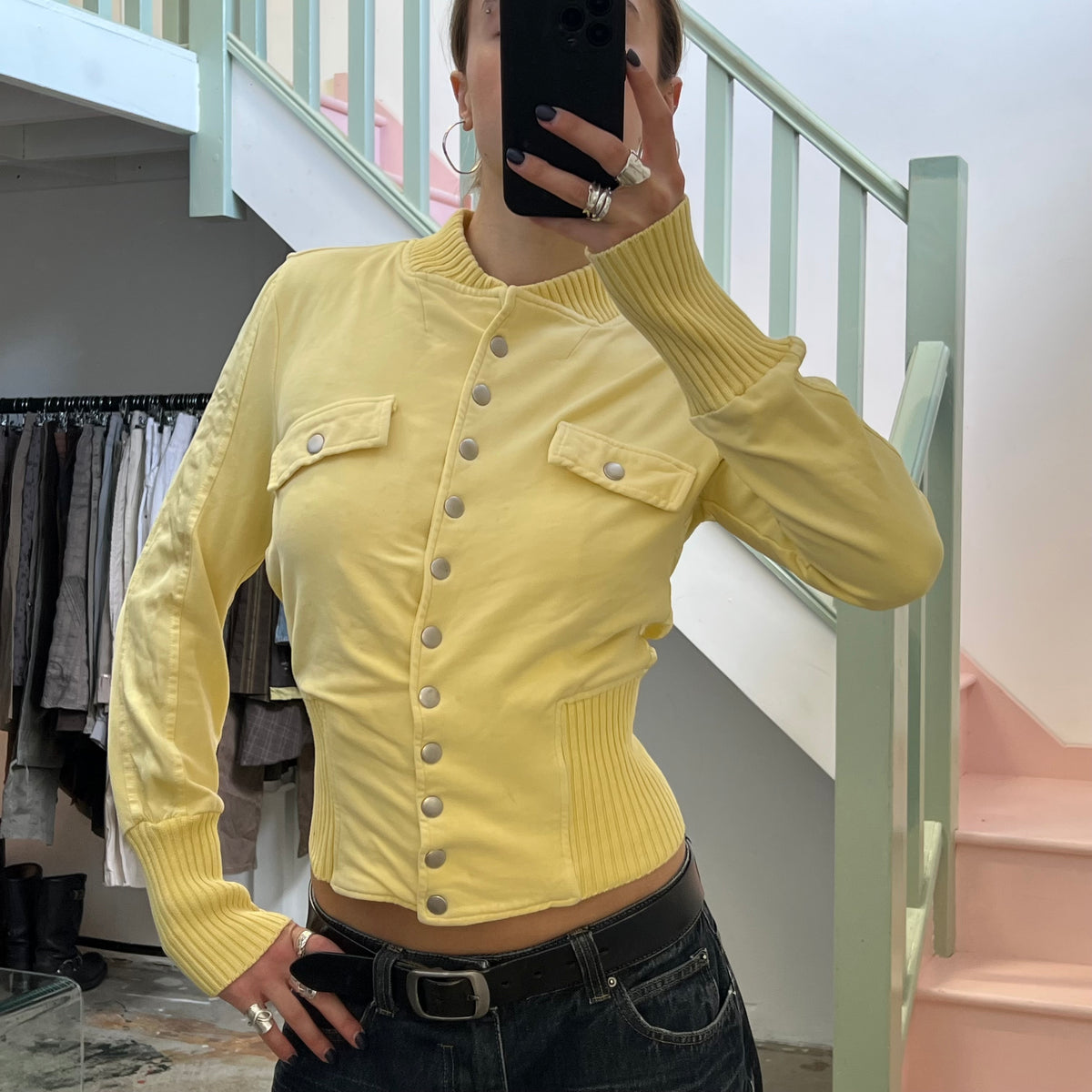Yellow fitted button up bomber jacket