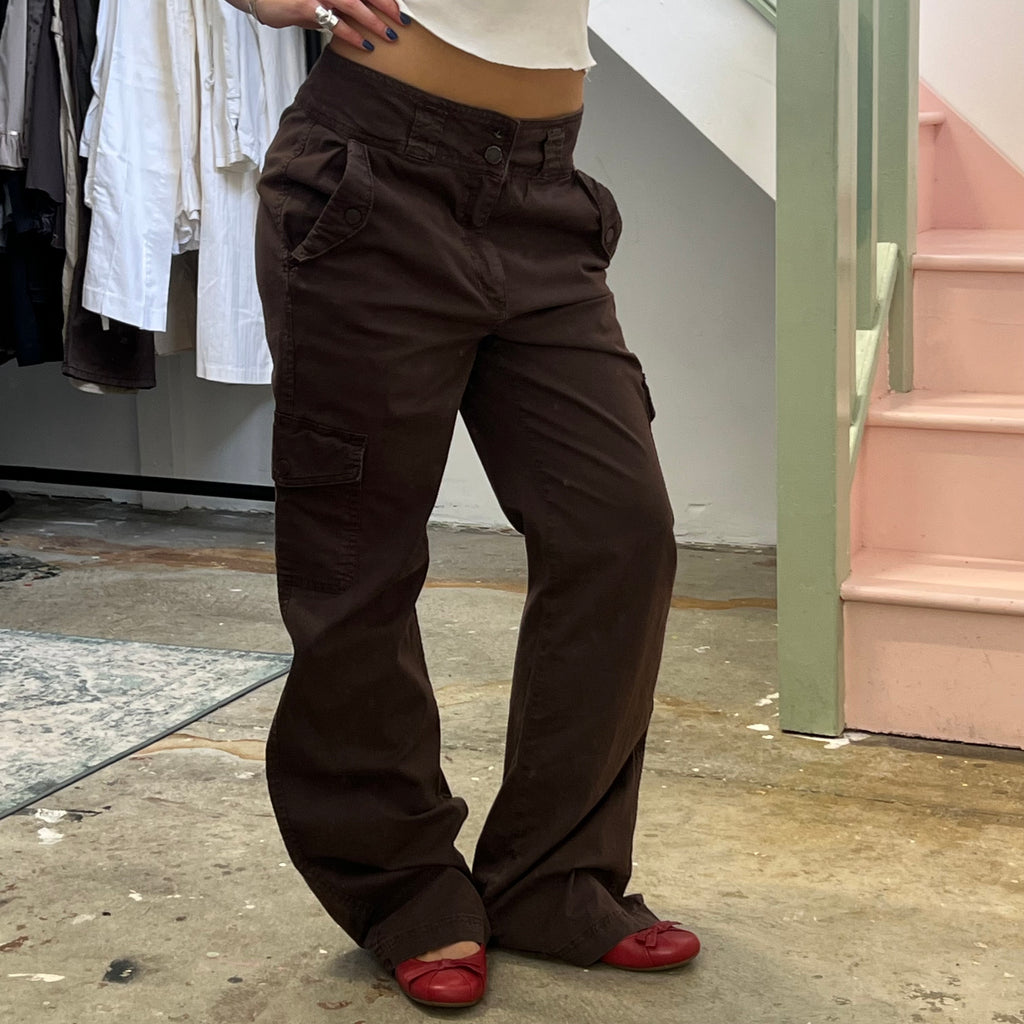 Brown wide leg baggy cargo trousers