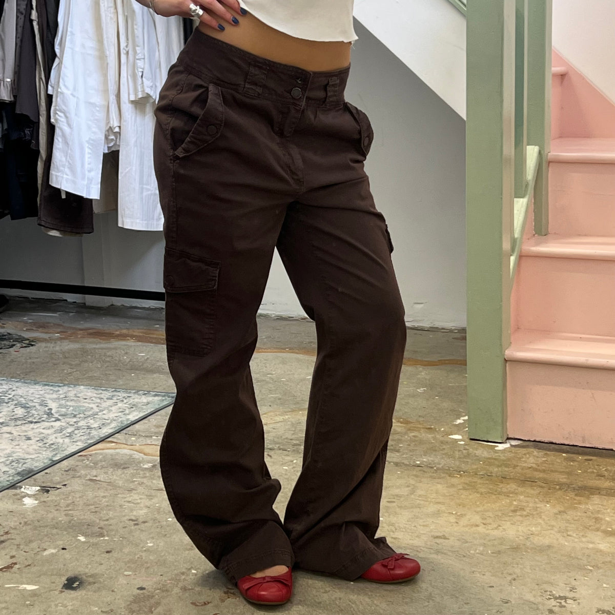 Brown wide leg baggy cargo trousers