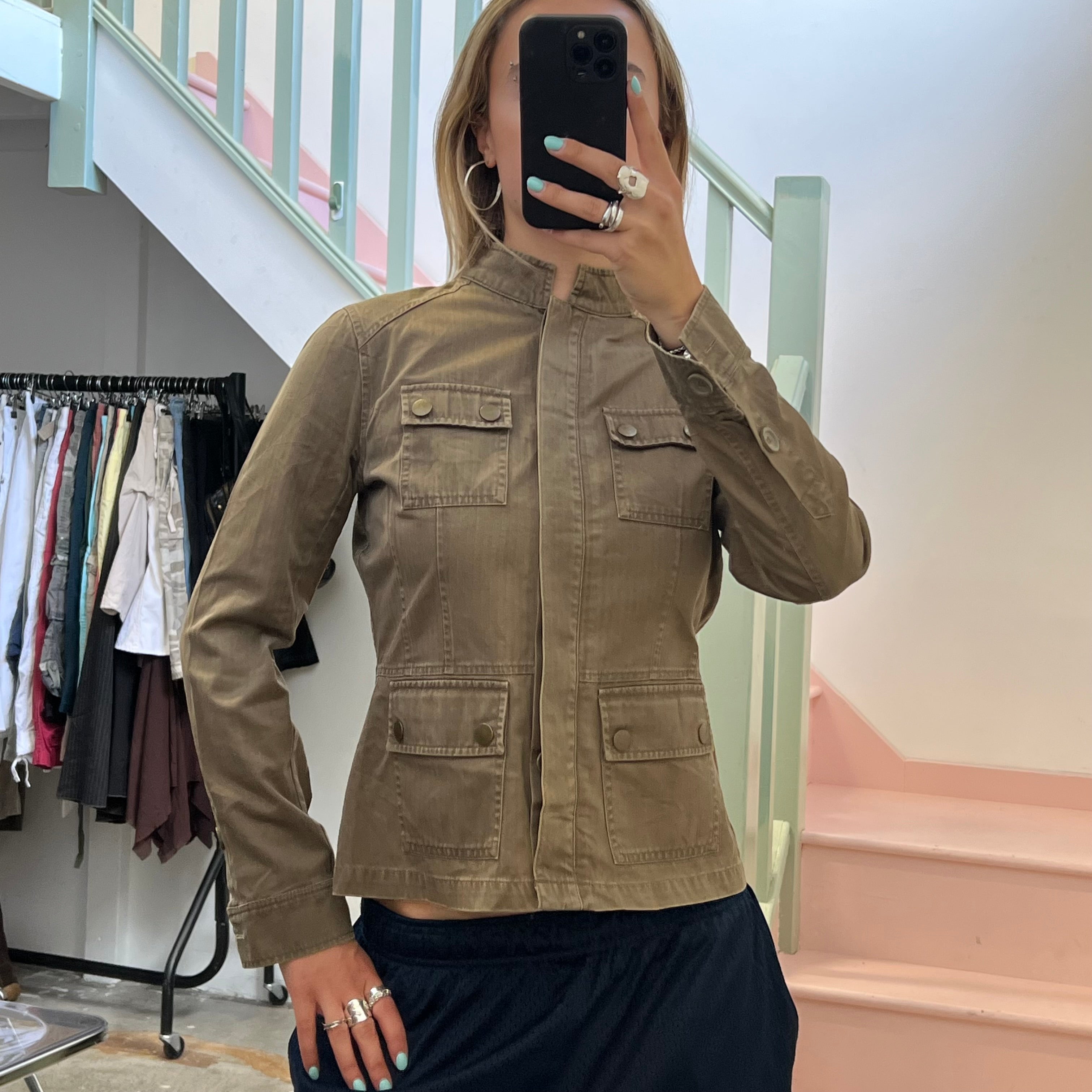 Oasis khaki button up fitted utility style jacket