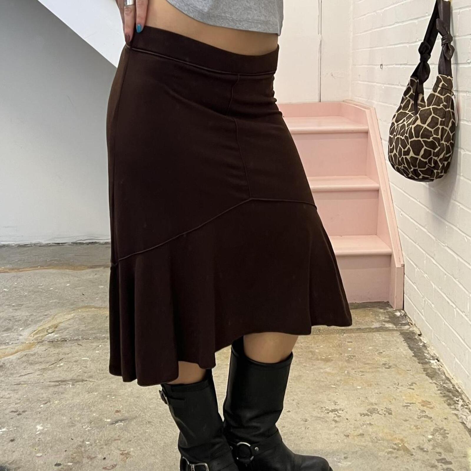 brown asymmetrical slinky floaty vintage midi skirt
