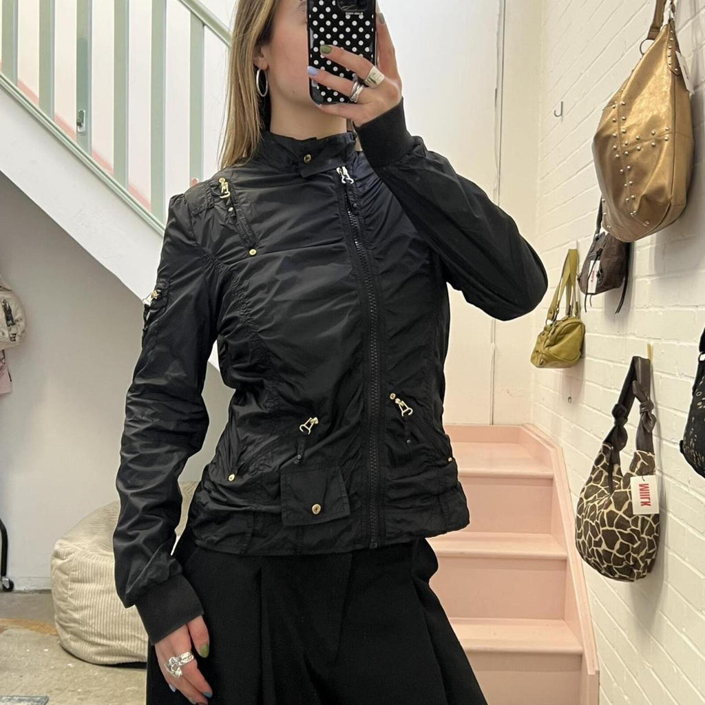 black lightweight ruched windbreaker style fitted vintage jacket