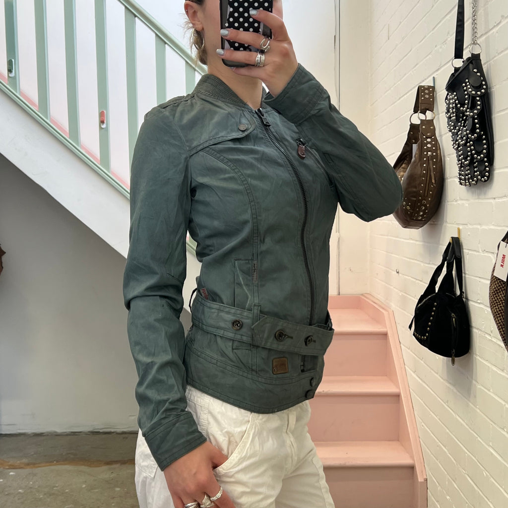 Teal dark green zip up fitted utility style jacket