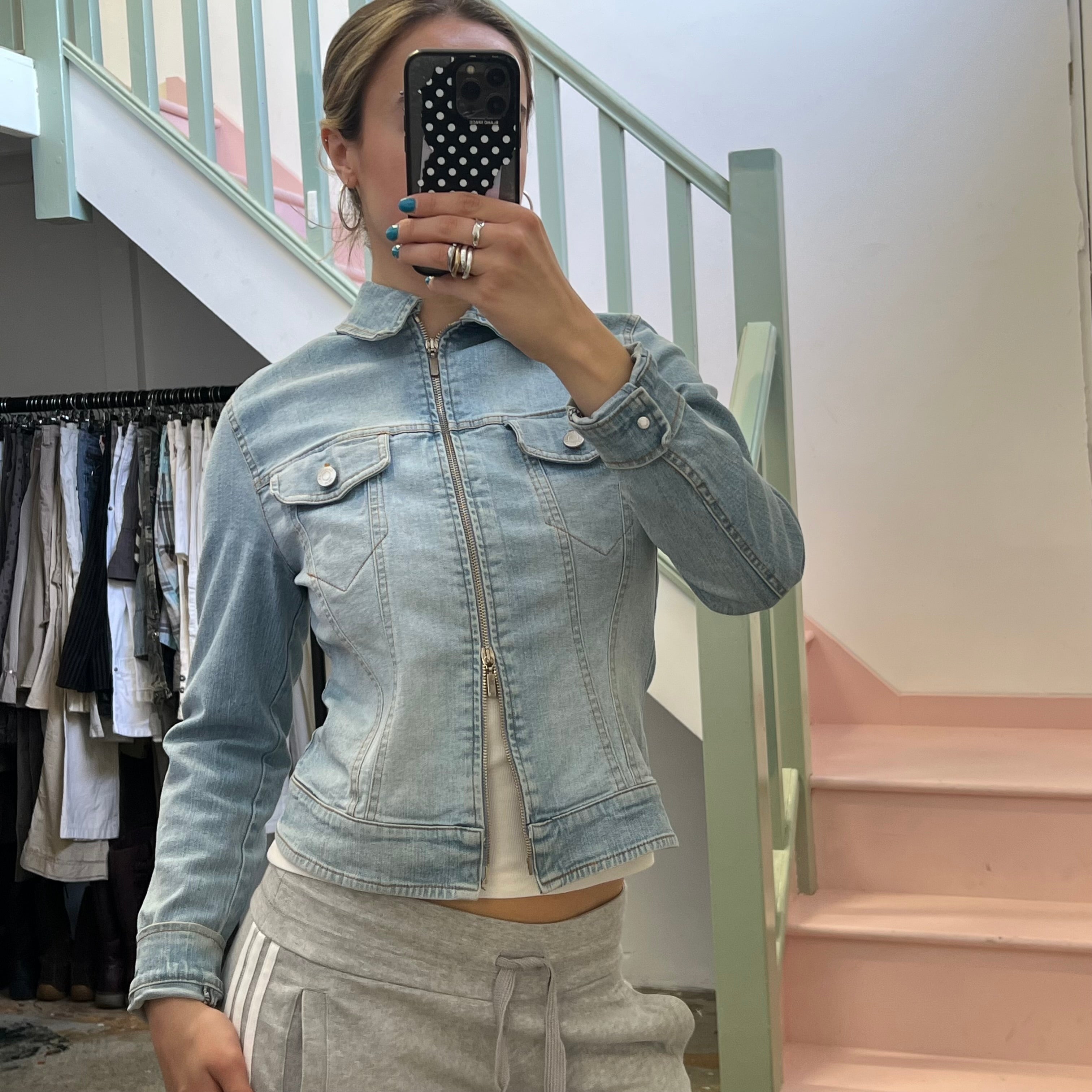 Light blue denim zip up fitted jacket