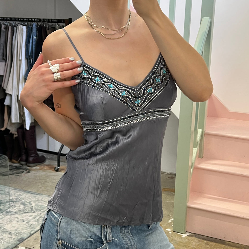 Grey silk crinkle beaded cami