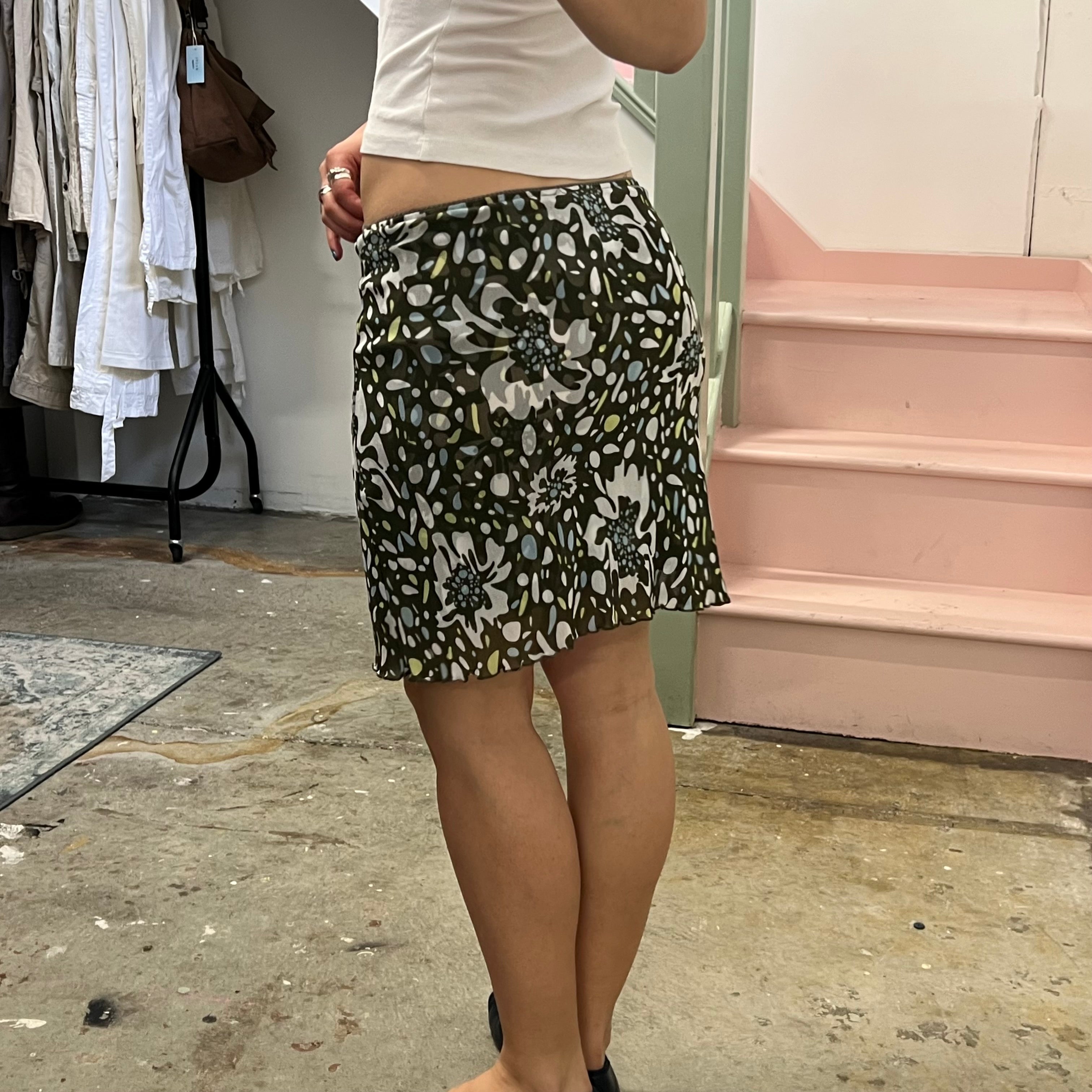 Khaki printed mesh knee high skirt