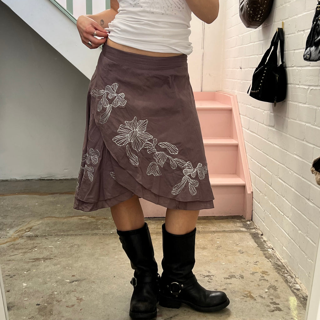Brown linen embroidered wrap midi skirt