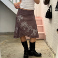 Brown linen embroidered wrap midi skirt