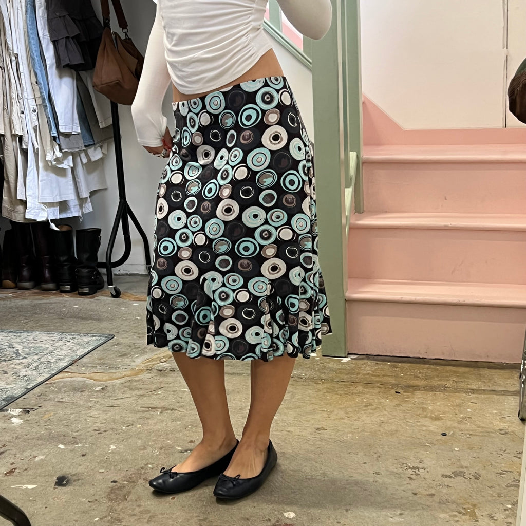 Blue spiral polka dot midi skirt