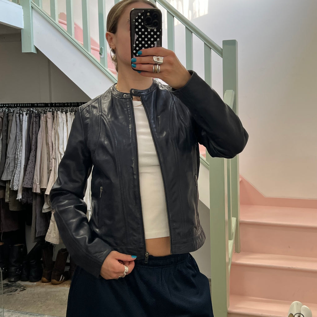 Naf Naf navy leather biker jacket