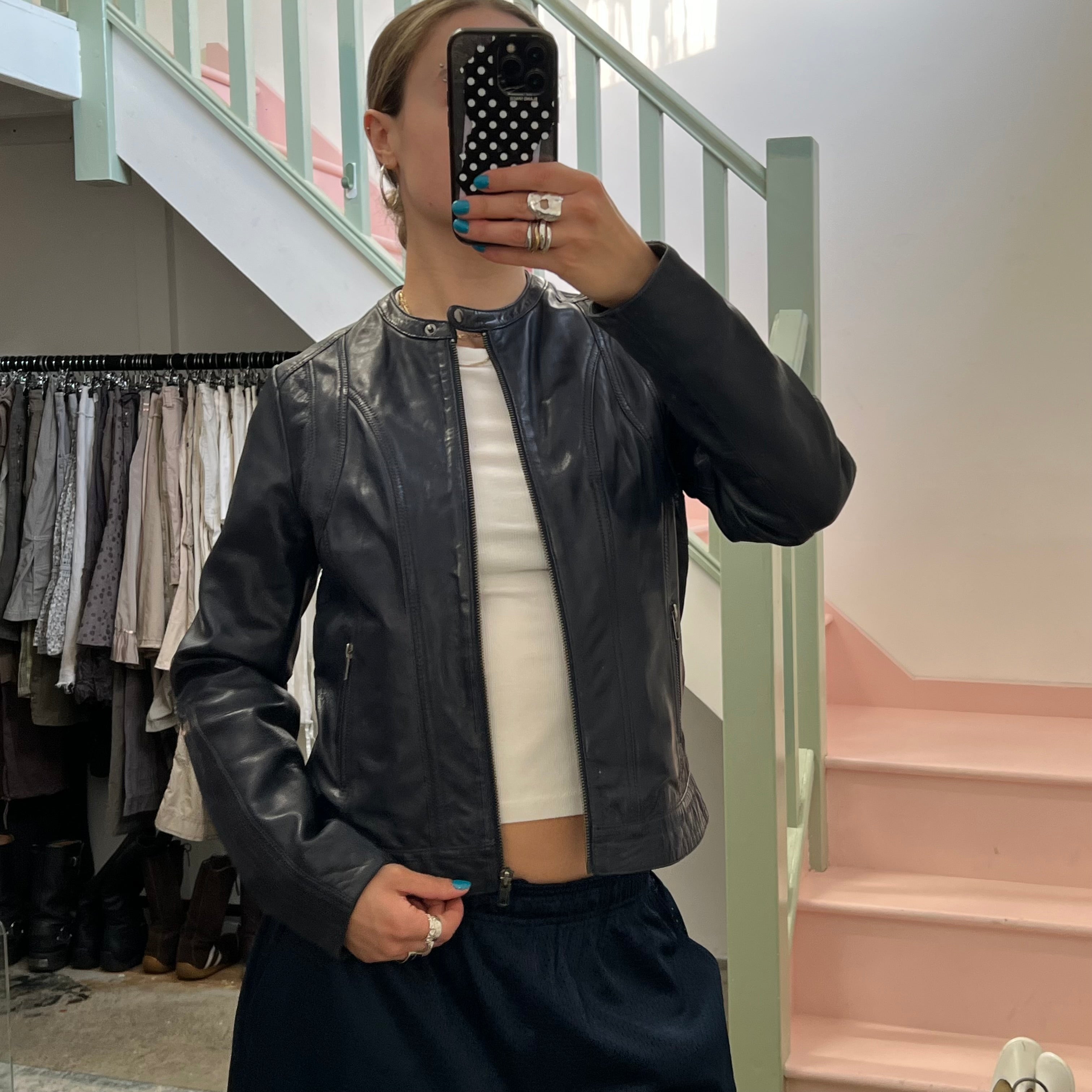 Naf Naf navy leather biker jacket