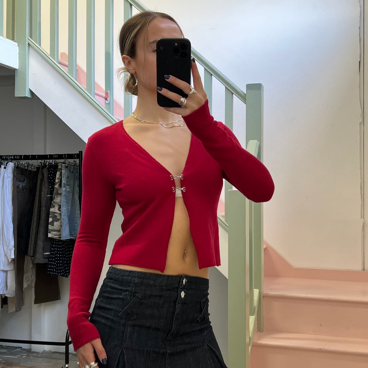 Red hook and eye cardigan