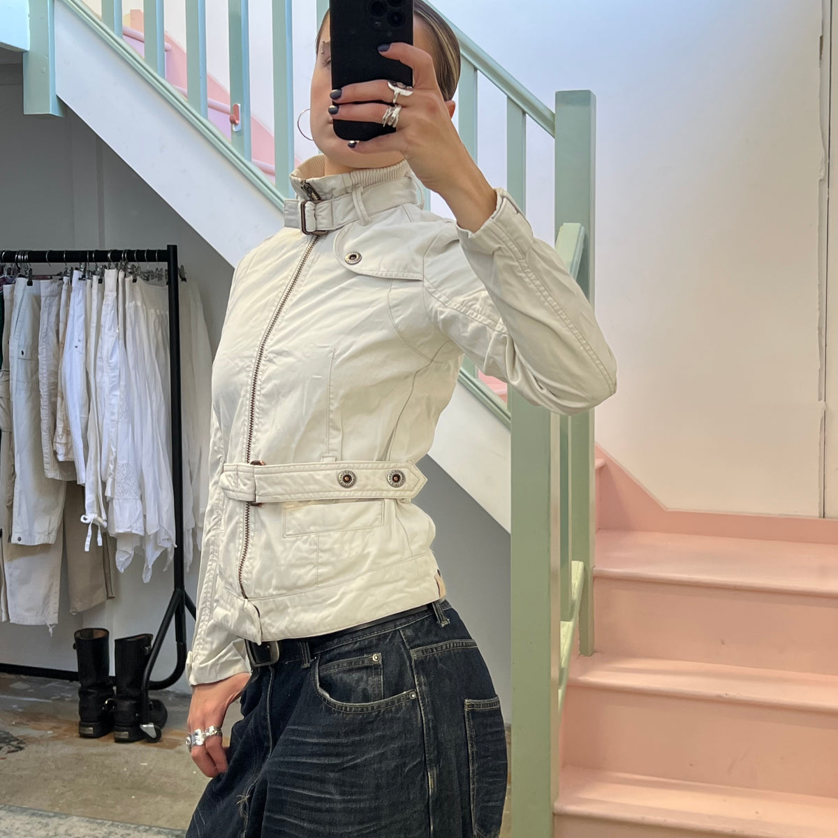 White fitted lightweight biker jacket