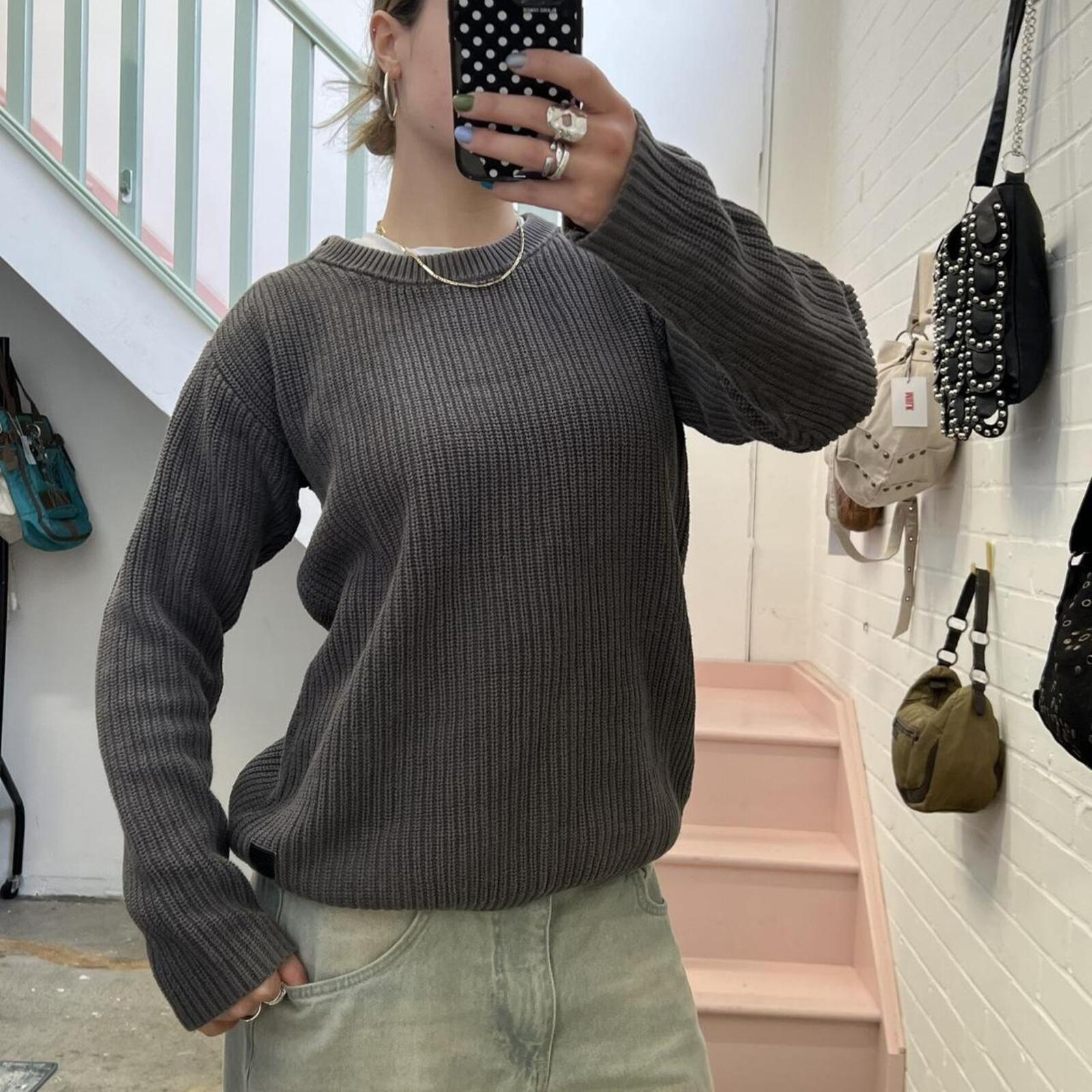 G-Star Raw utility style grey chunky knit crew neck vintage sweater with button detail