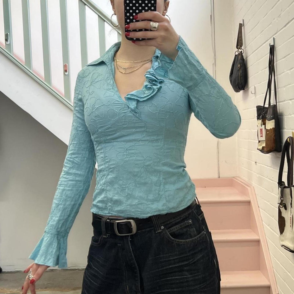 Turquoise blue fitted vintage embroidered shirt with ruffle detail