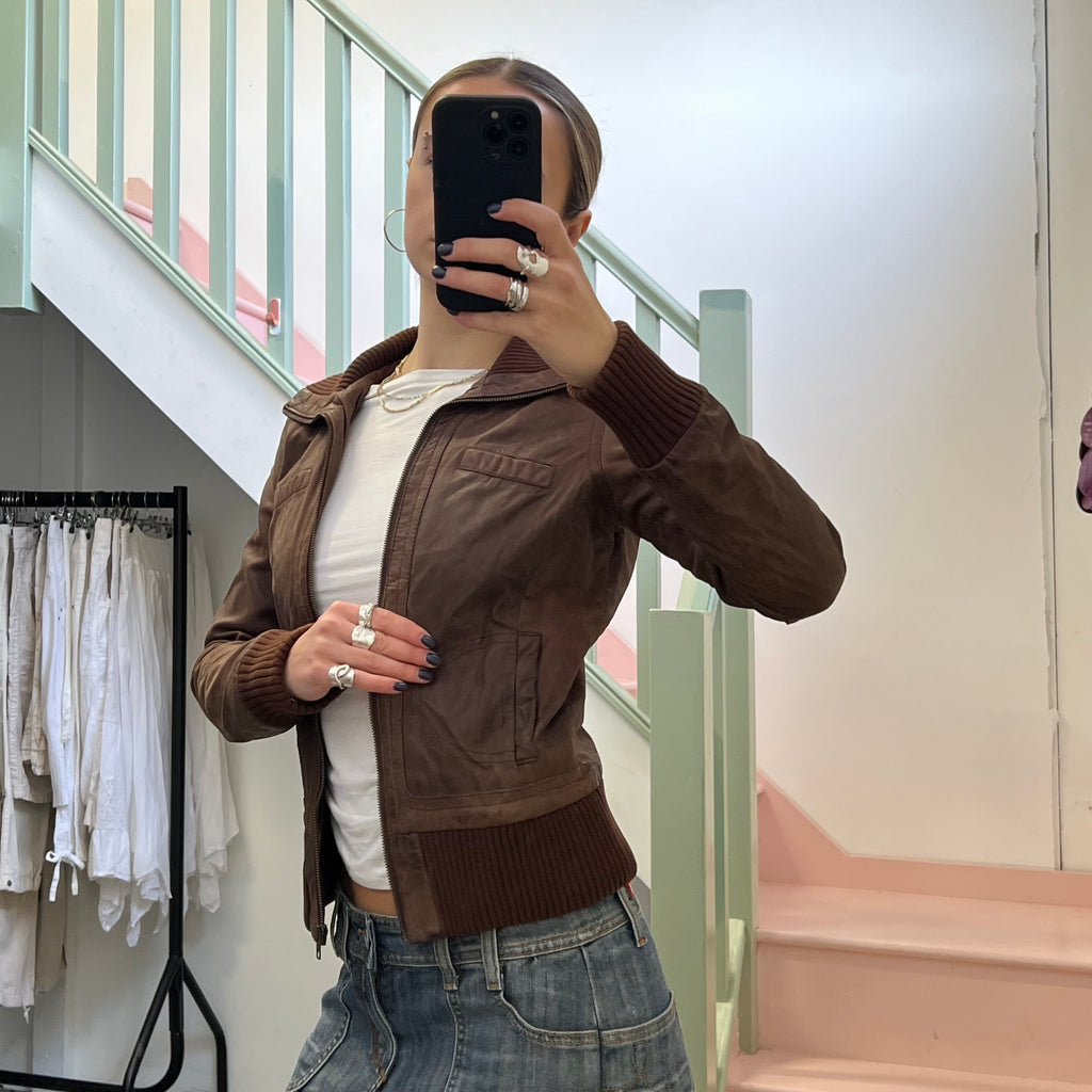 Brown leather bomber jacket